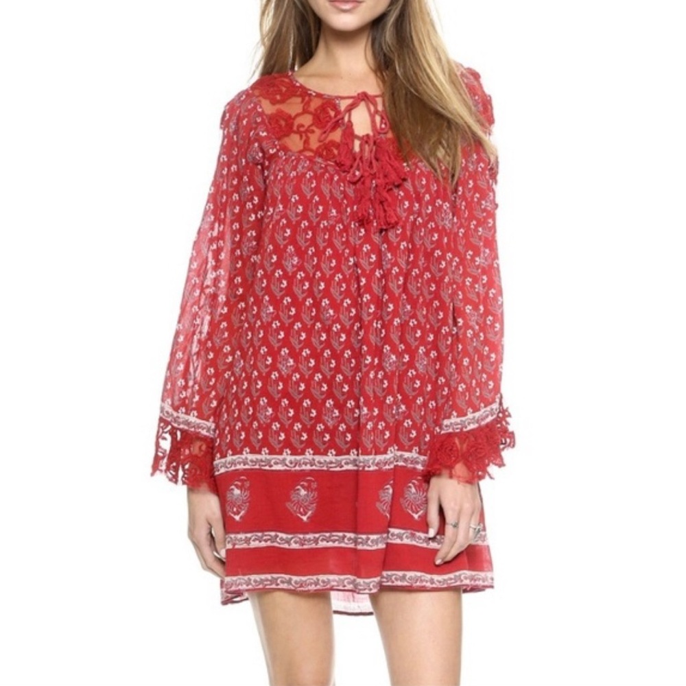Free People Red Sheer Boho Long Sleeve Mini Dress